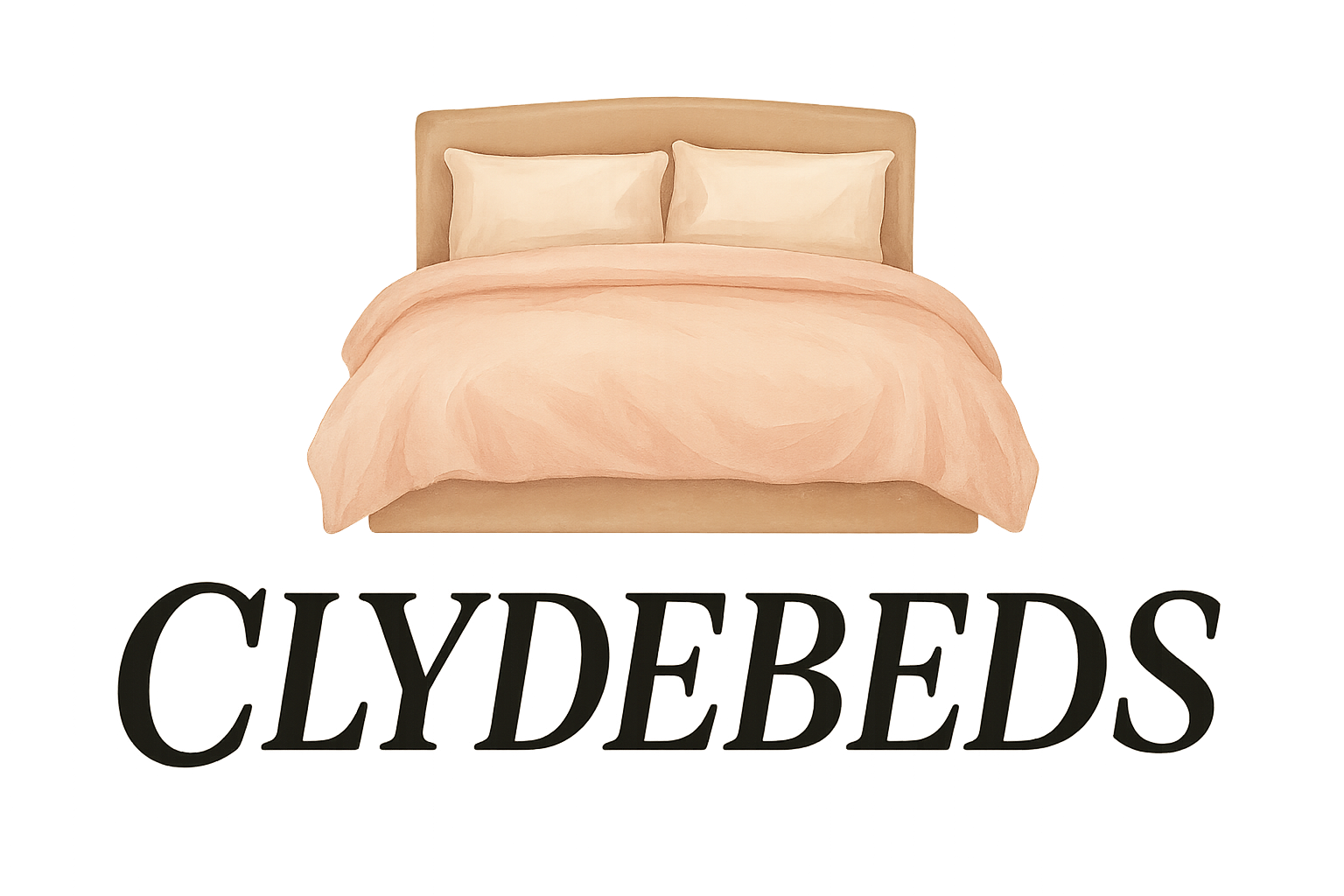 logo for a mattress company "CLYDEBEDS", horizontal layout. The design centers on a cozy, inviting bed with a fluffy duvet and pillows. The style is soft and warm. Use the colors "#e5d4cd" and "#f3ebe0" to create a gentle, comforting gradient or solid shapes for the bedding. The company name "CLYDEBEDS" is in elegant, calligraphic script font, written in all capital letters, colored deep black for contrast. Transparent background.