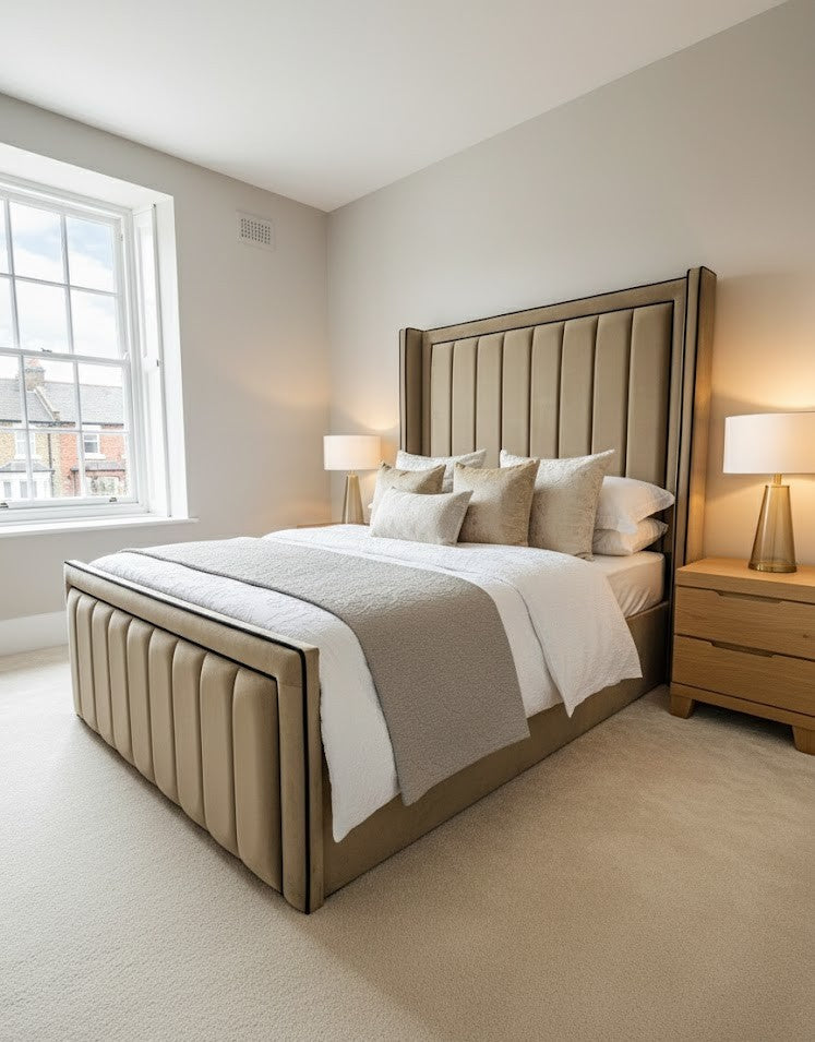 Luxury Bed Plush Fabric Divan Ottoman - 70" thick wing iris princess piping with headboard and footboard