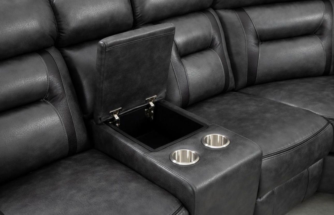 Corner Modern Black Leather Reclining Sectional Sofa with Console & Cup Holder