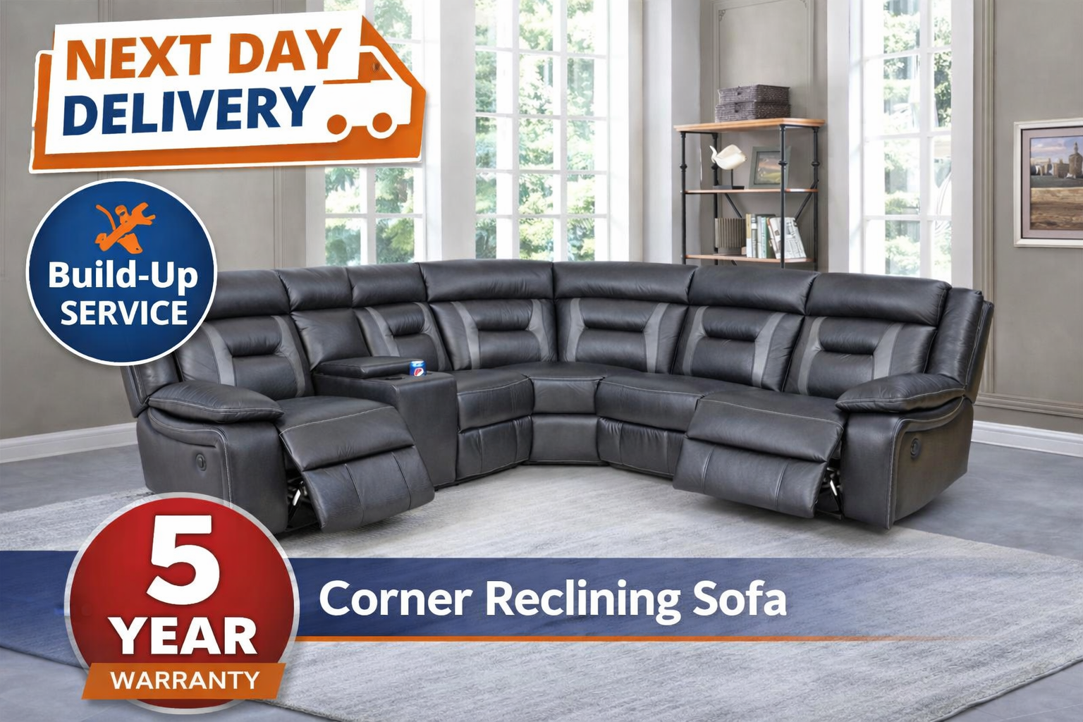 Corner Modern Black Leather Reclining Sectional Sofa with Console & Cup Holder