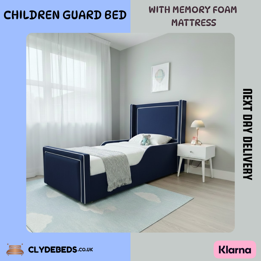 Plush Velvet Children’s Bed with Safety Guard Rail With Memory Foam Mattress | 54" Thick Wing with Pipping Headboard - All Sizes & Colors - Next Day Delivery
