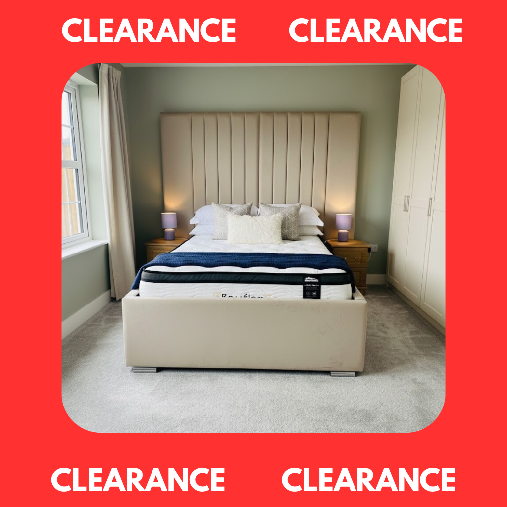 Clearance | KING Size Beige Plush Metal Ottoman - LUXURY STORAGE + EXTENDED SCATTERED- 84" LINE HEADBOARD