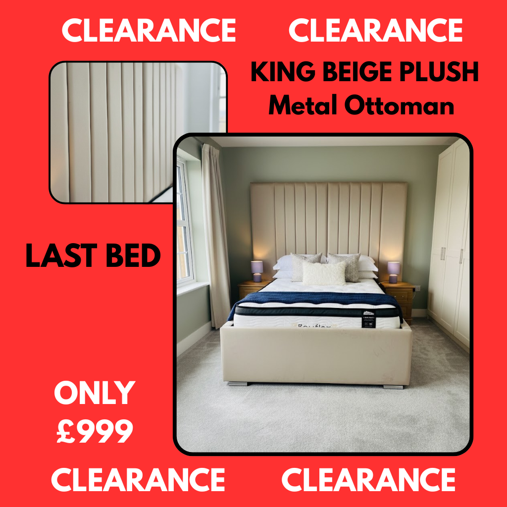 Clearance | KING Size Beige Plush Metal Ottoman - LUXURY STORAGE + EXTENDED SCATTERED- 84" LINE HEADBOARD