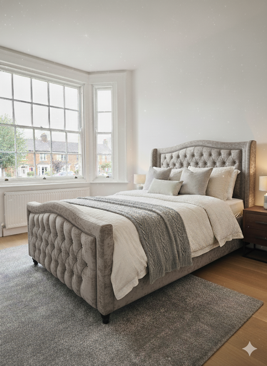 Frame Bed Crush Velvet - curve button and beading Headboard