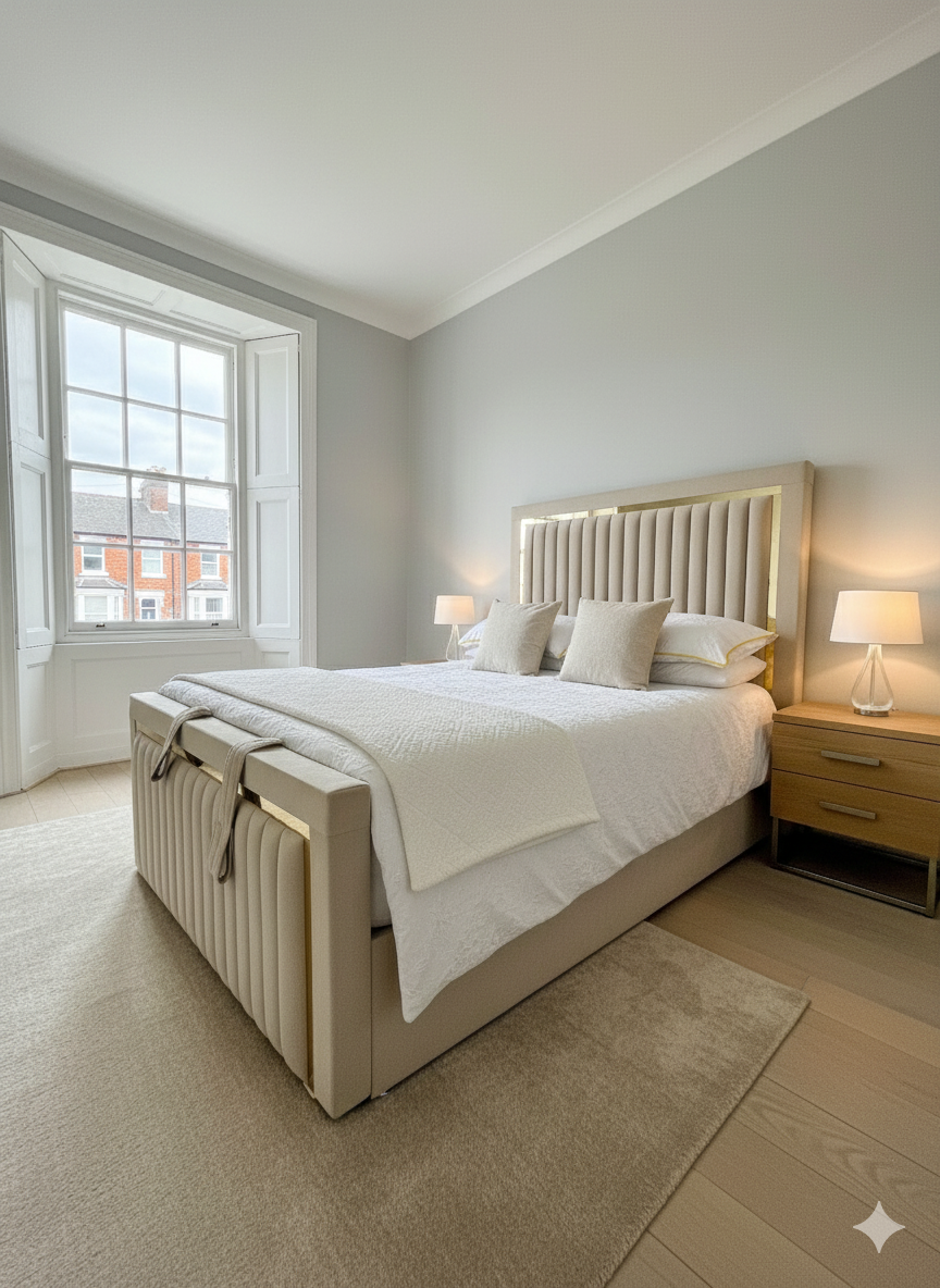 Double Arlington Cream Fabric Divan Ottoman Storage Bed with 60" Iris Headboard & Gold Stripe and same design Footboard