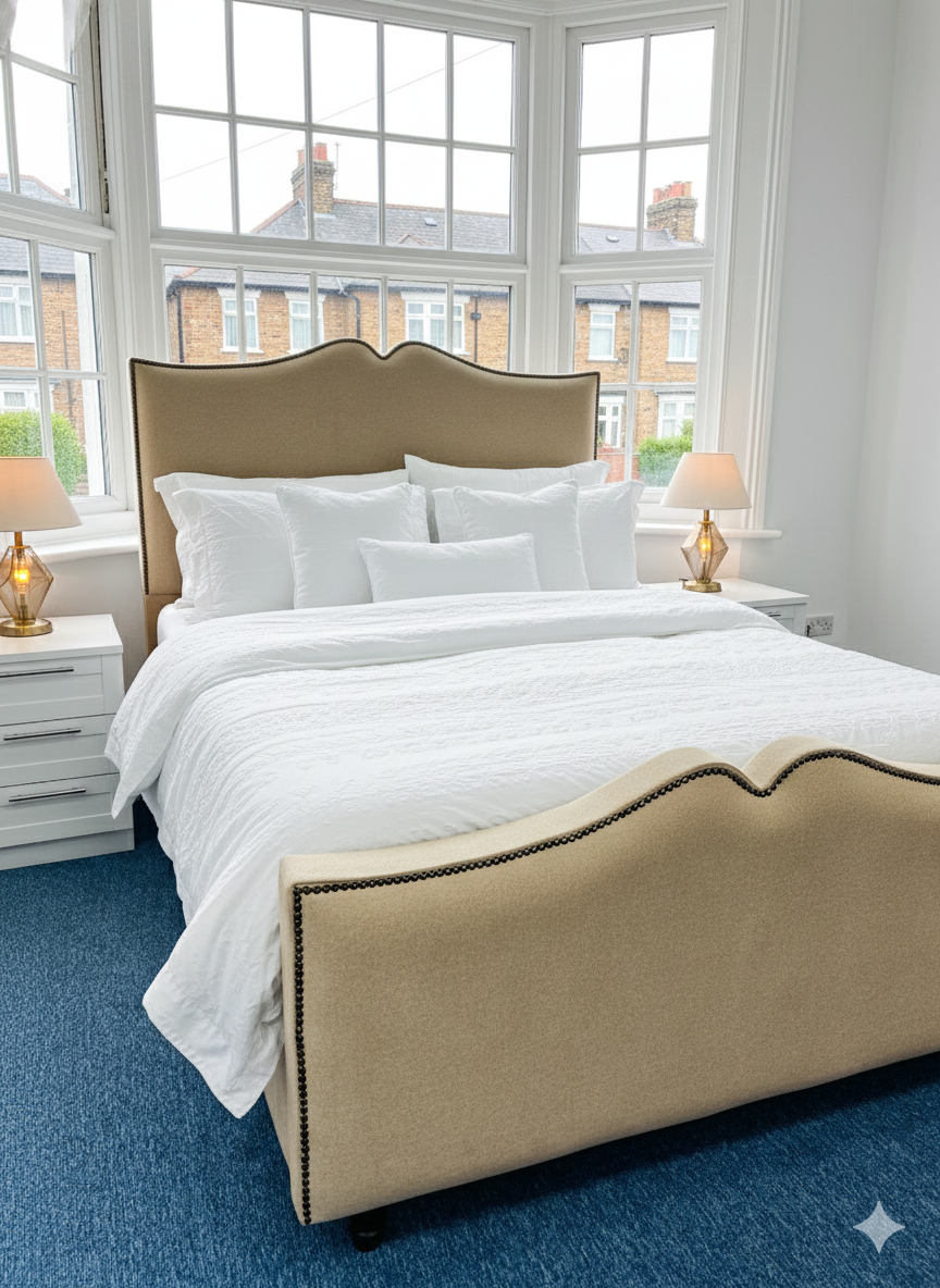 Wool fabric Double Frame bed Camel color - Curved Headboard with bidding and footboard