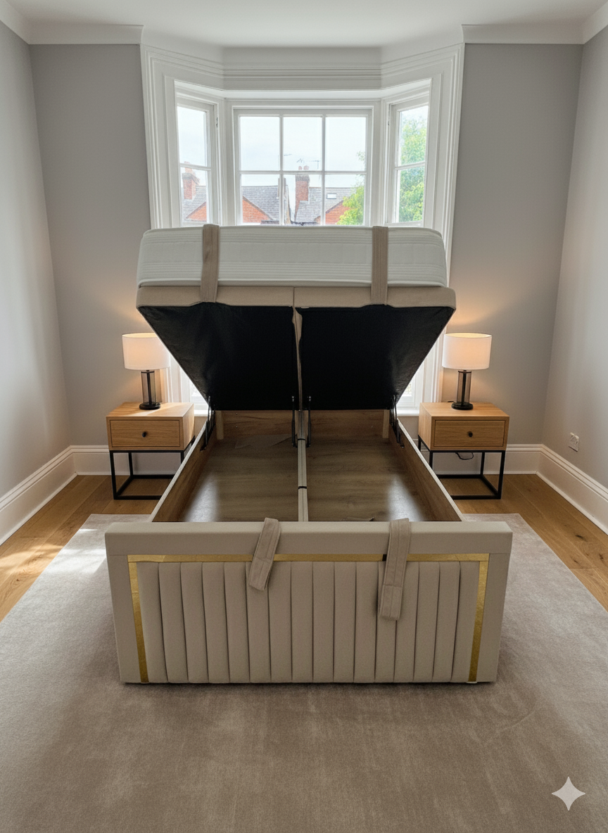 Double Arlington Cream Fabric Divan Ottoman Storage Bed with 60" Iris Headboard & Gold Stripe and same design Footboard