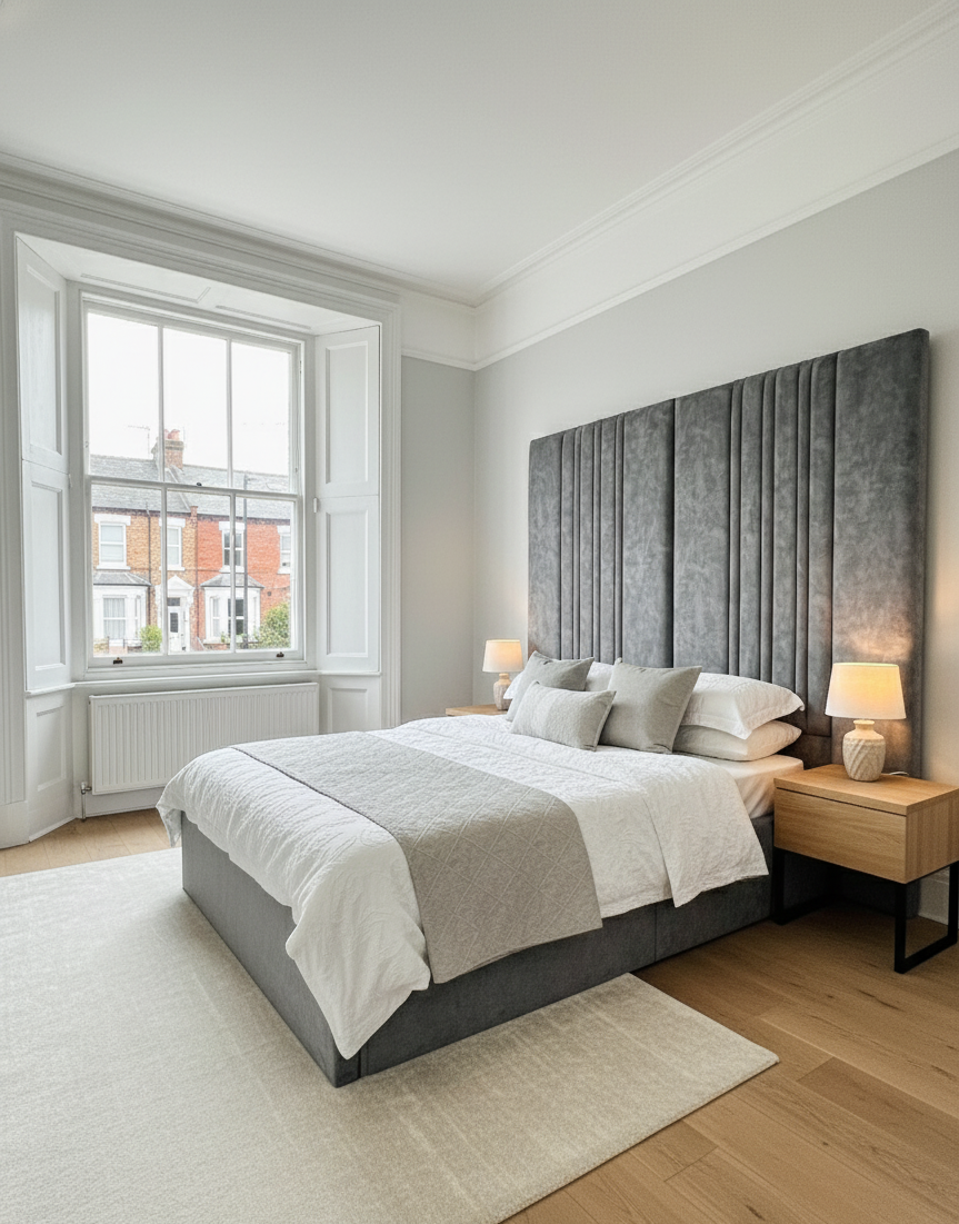Modern bedroom with a large bed, gray headboard, and wooden nightstands.