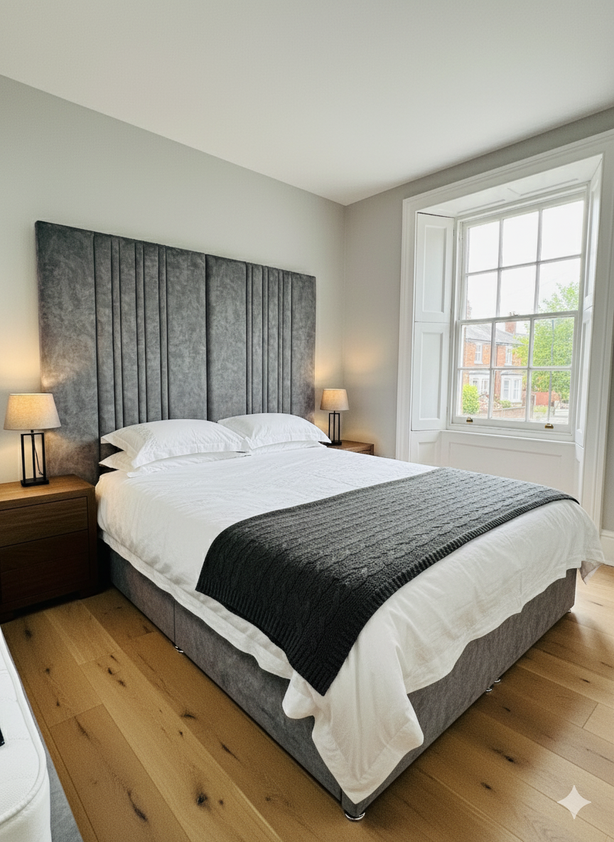 Double Buxton Grey Frame bed - 84" inches line Extended Split Headboard