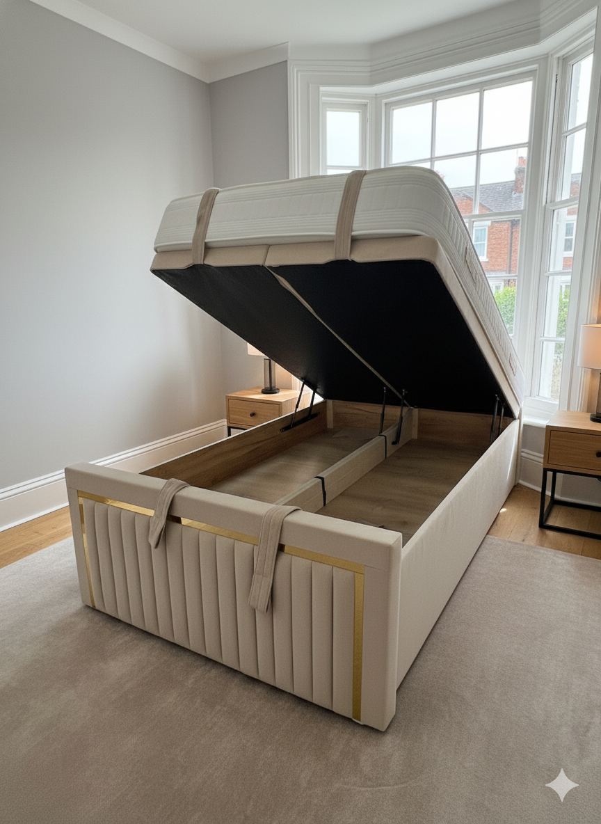 Double Arlington Cream Fabric Divan Ottoman Storage Bed with 60" Iris Headboard & Gold Stripe and same design Footboard