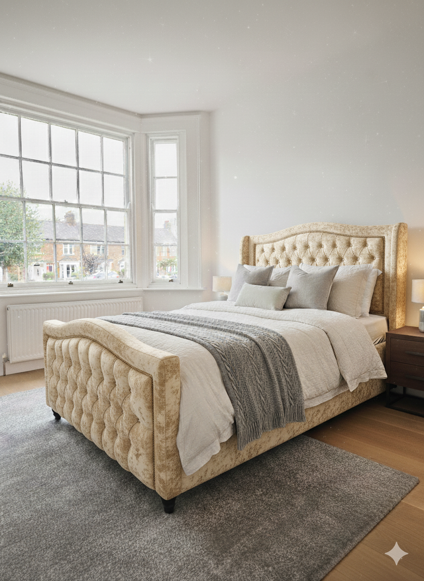 Frame Bed Crush Velvet - curve button and beading Headboard