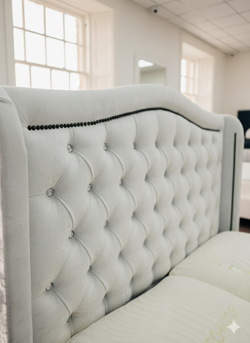 Frame Bed Crush Velvet - curve button and beading Headboard