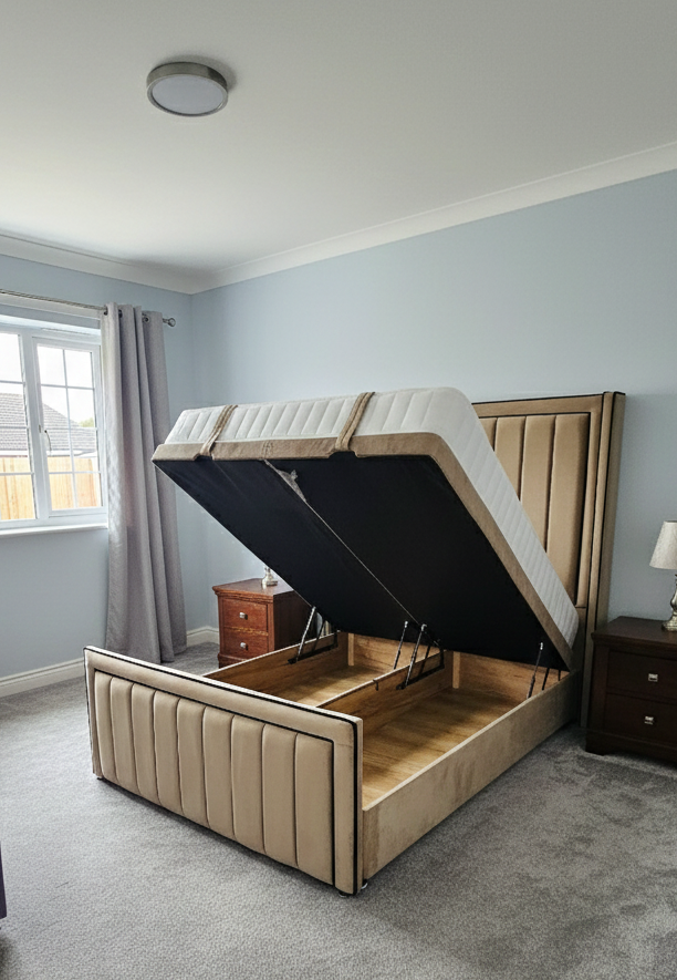 Luxury Bed Plush Fabric Divan Ottoman - 70" thick wing iris princess piping with headboard and footboard