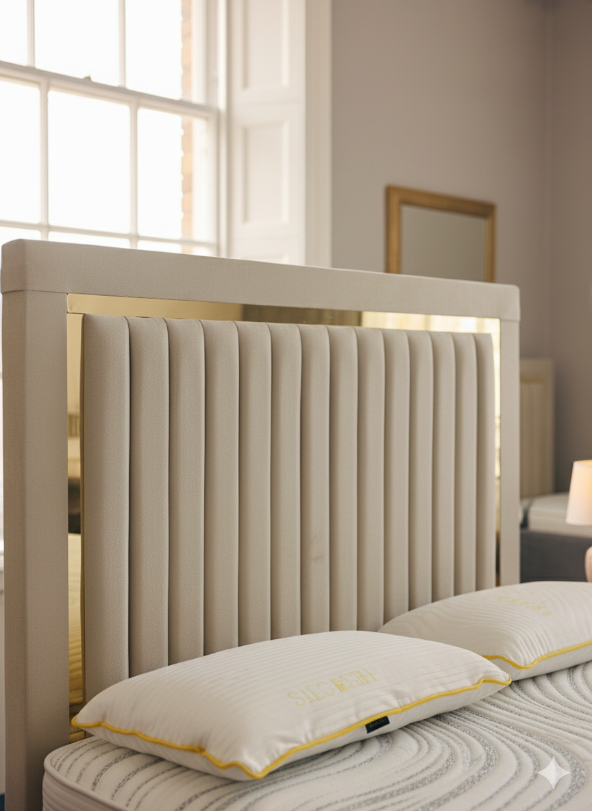 Double Arlington Cream Fabric Divan Ottoman Storage Bed with 60" Iris Headboard & Gold Stripe and same design Footboard