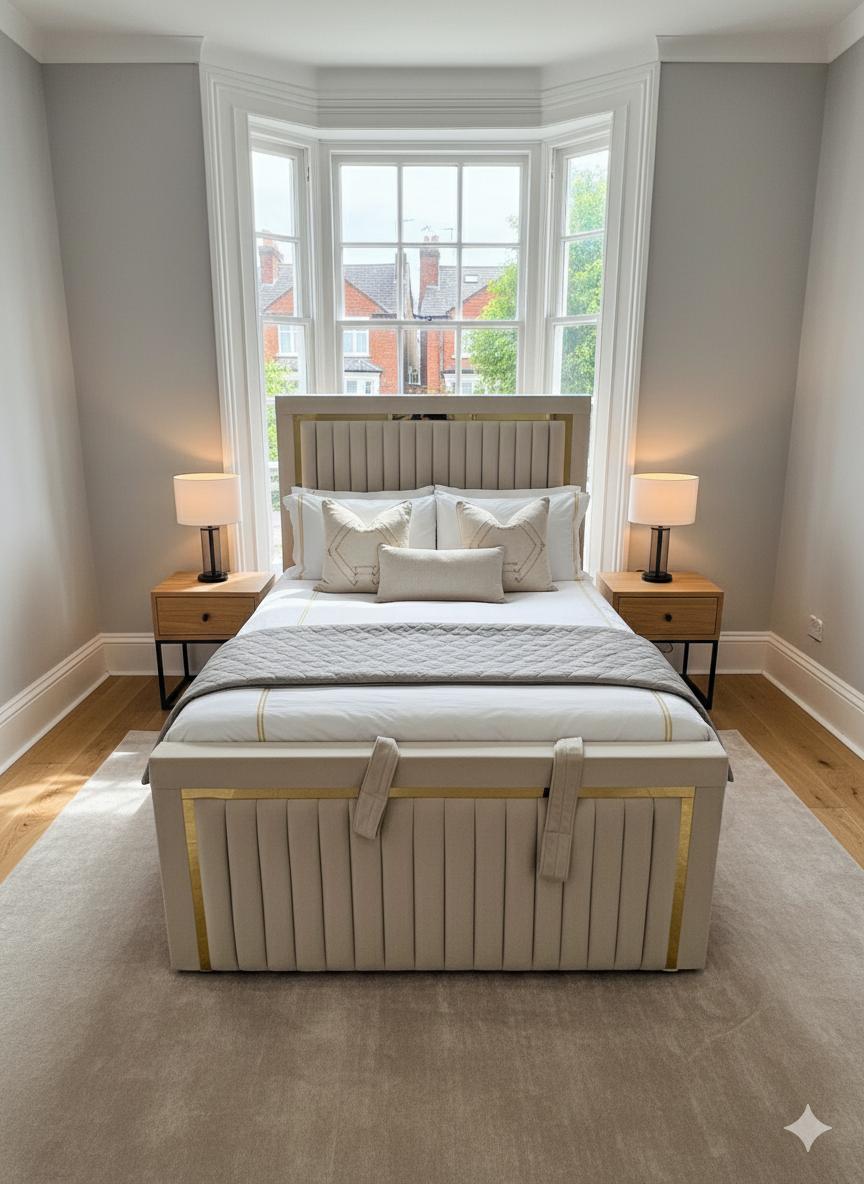 Double Arlington Cream Fabric Divan Ottoman Storage Bed with 60" Iris Headboard & Gold Stripe and same design Footboard