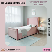 Plush Velvet Children’s Bed with Safety Guard Rail With Memory Foam Mattress | 54" Thick Wing with Pipping Headboard - All Sizes & Colors - Next Day Delivery