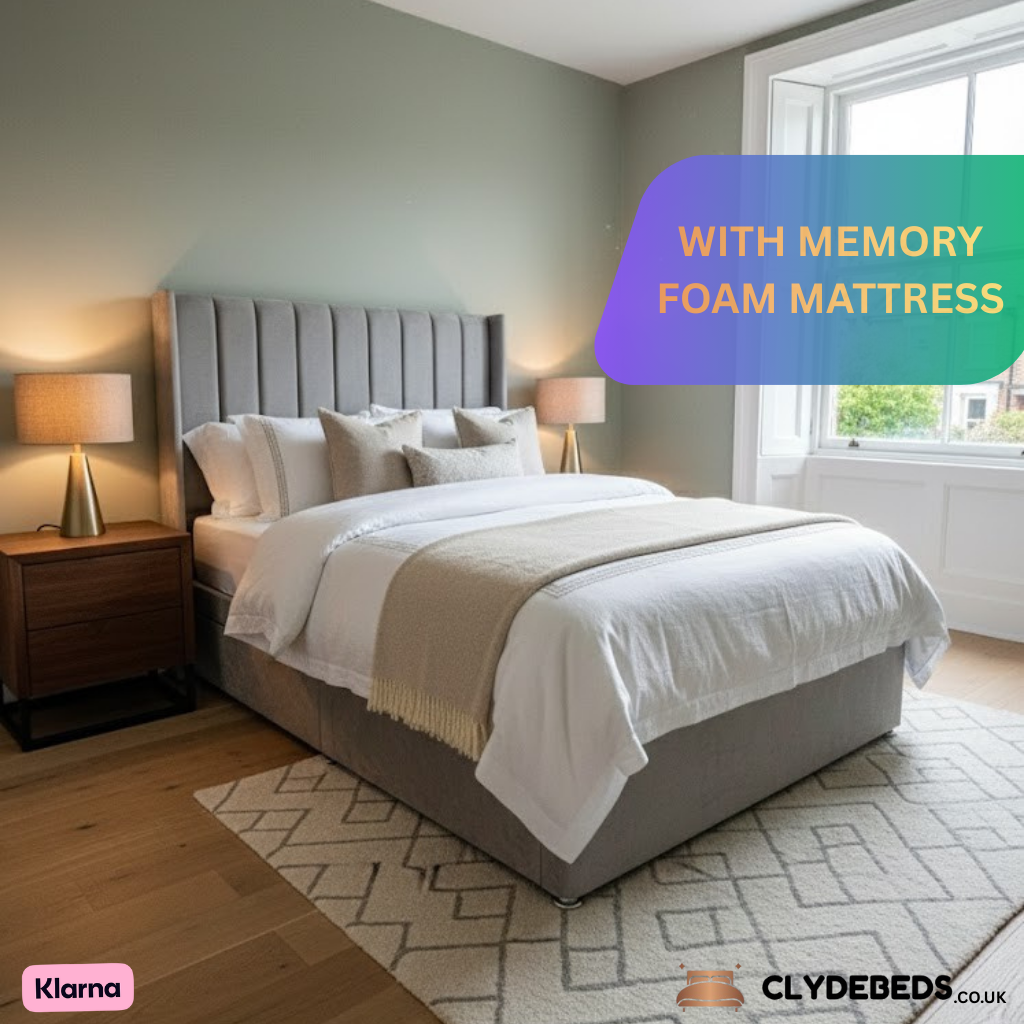 Divan Bed Alpha Wing Line with Memory Foam Mattress - 54" Luxury Winged Headboard, Premium Support & Comfort