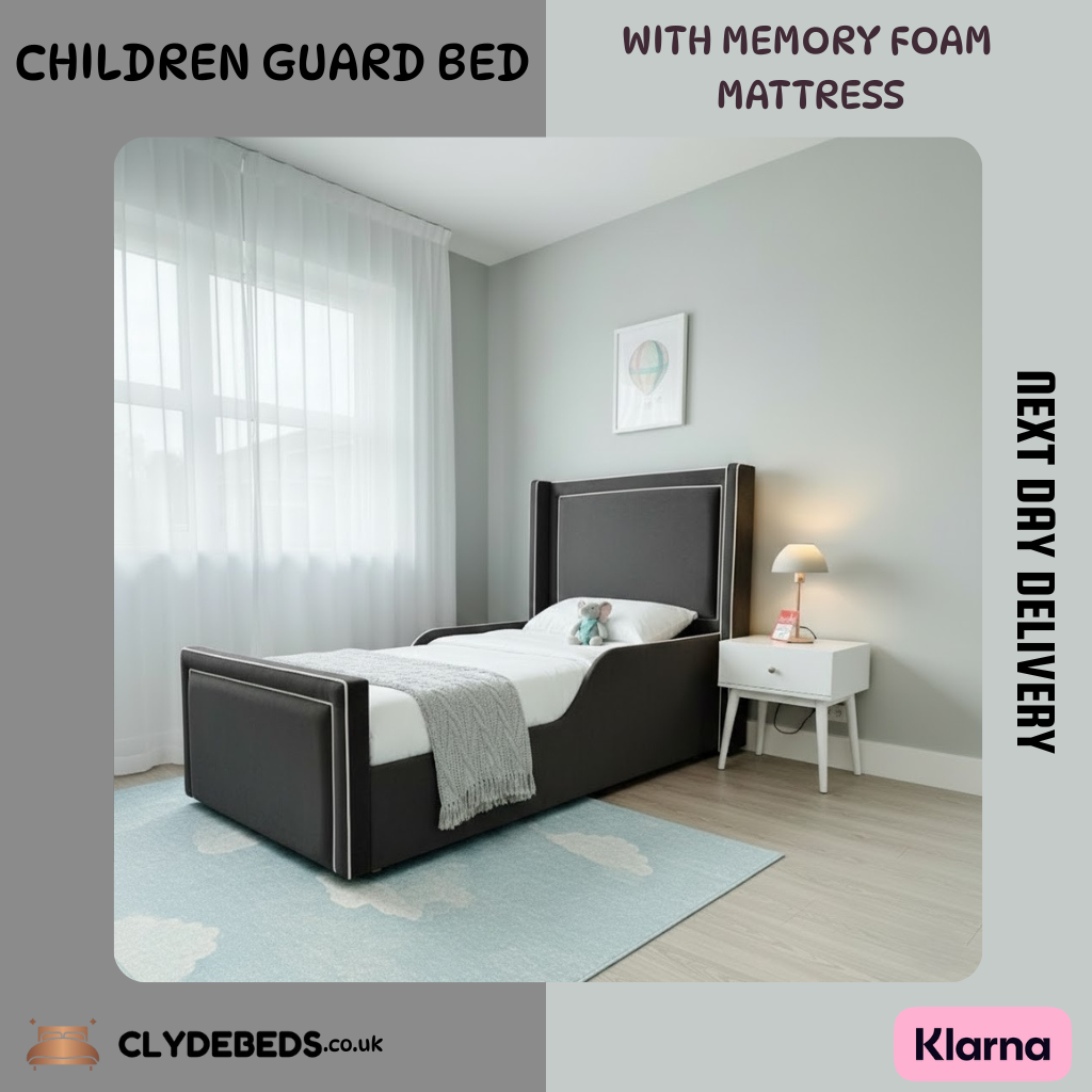 Plush Velvet Children’s Bed with Safety Guard Rail With Memory Foam Mattress | 54" Thick Wing with Pipping Headboard - All Sizes & Colors - Next Day Delivery