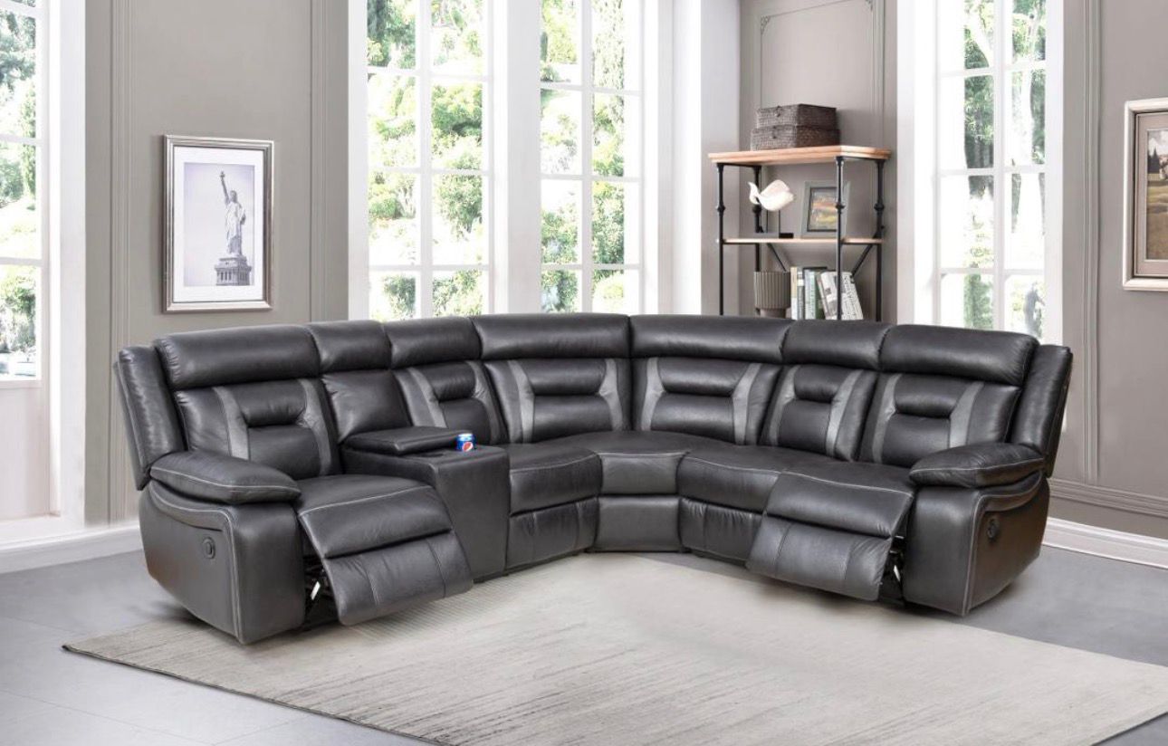 Corner Modern Black Leather Reclining Sectional Sofa with Console & Cup Holder
