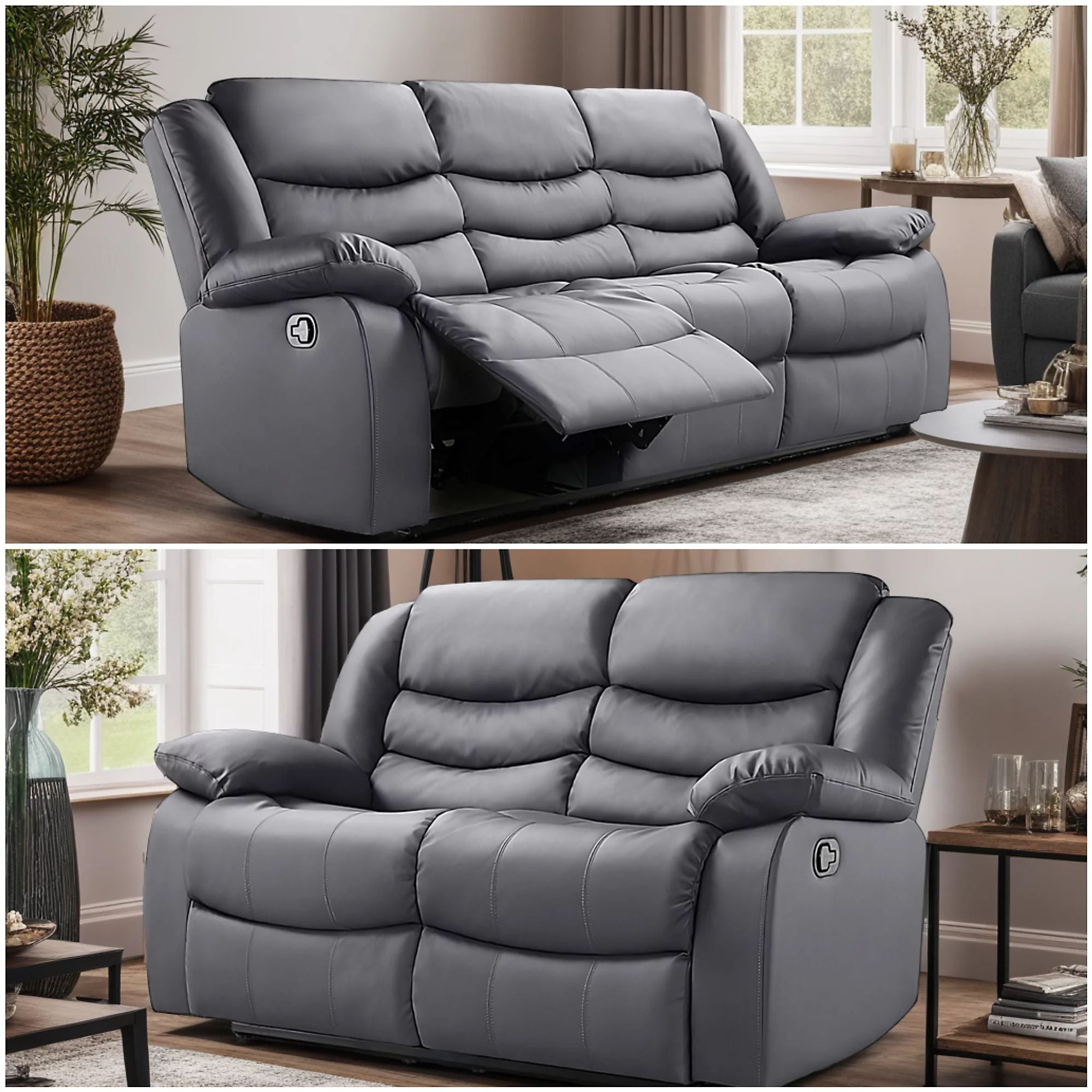 Roma 3+2 Manual Recliner Sofa Set – Leather & Charcoal Fabric | £599