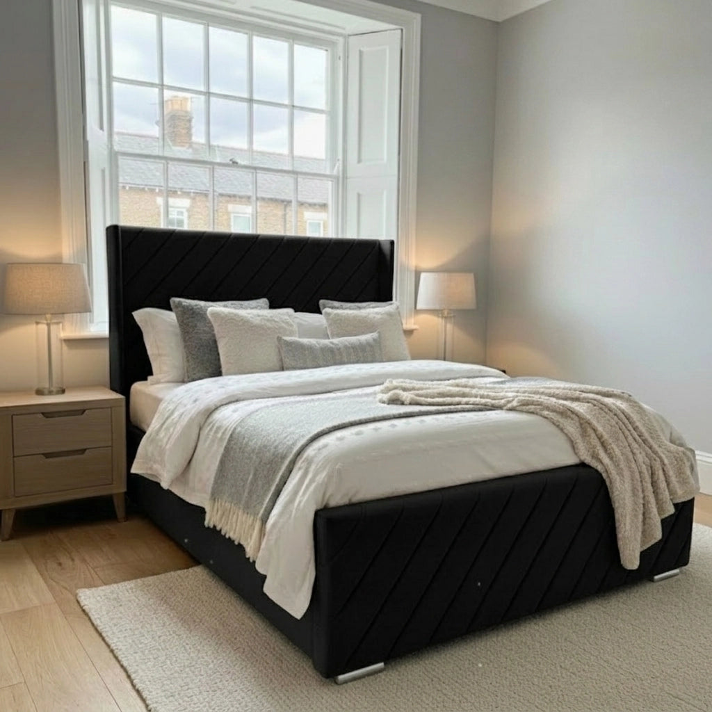 Alpha Wing bed frame with footboard in Plush Black