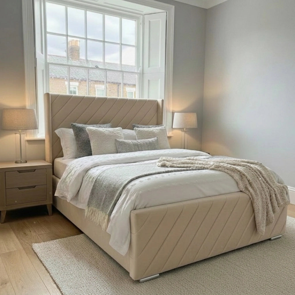 Alpha Wing bed frame with footboard in Plush Cream