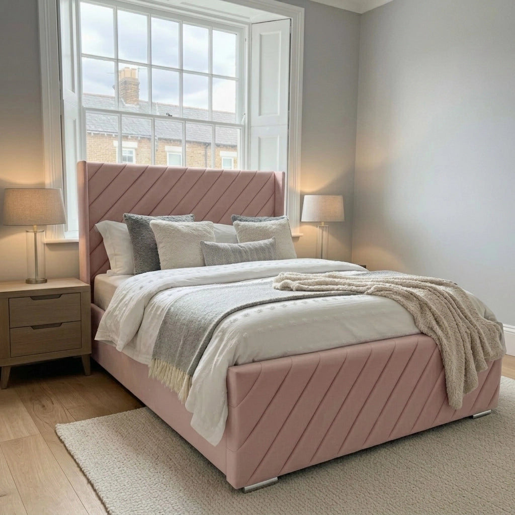 Alpha Wing bed frame with footboard in Plush Pink