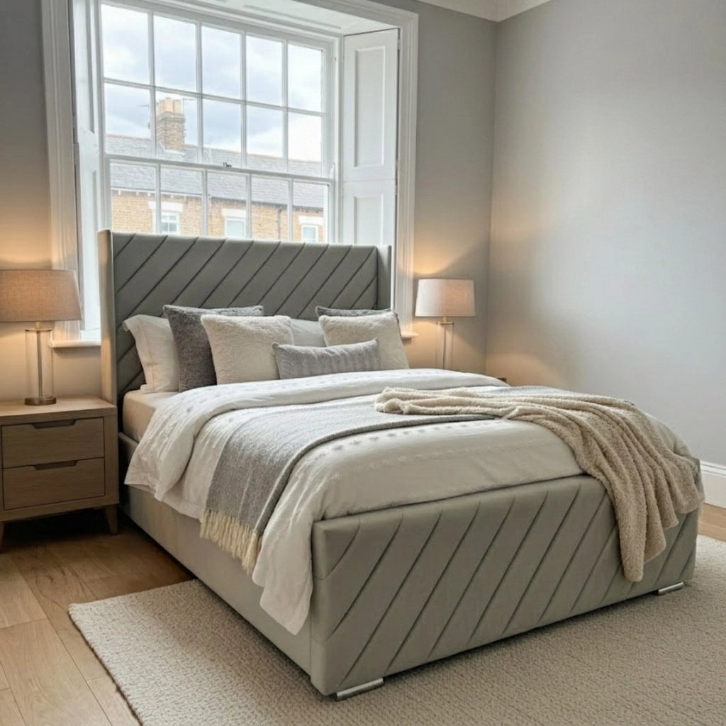 Alpha Wing bed frame with footboard in Plush Silver