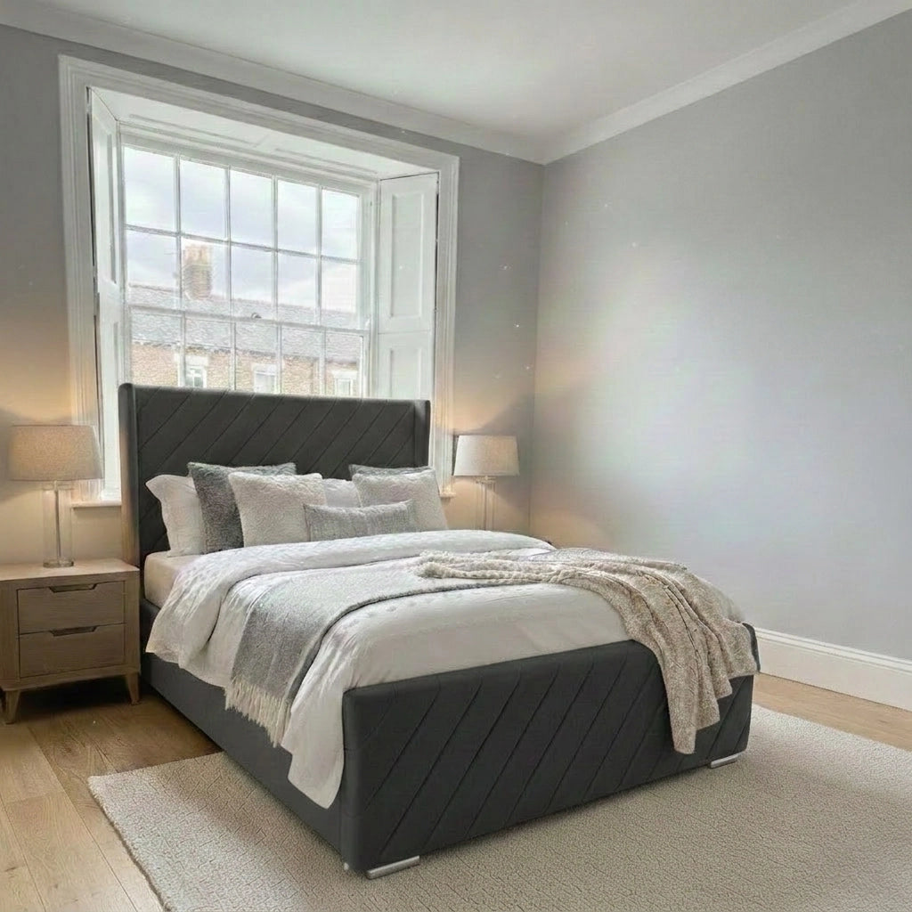 Alpha Wing bed frame with footboard in Plush Steel