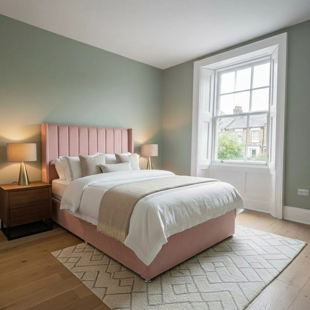 Alpha Wing Line divan bed with mattress in Plush Pink