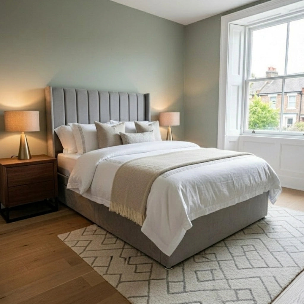 Alpha Wing Line divan bed with mattress in Plush Silver