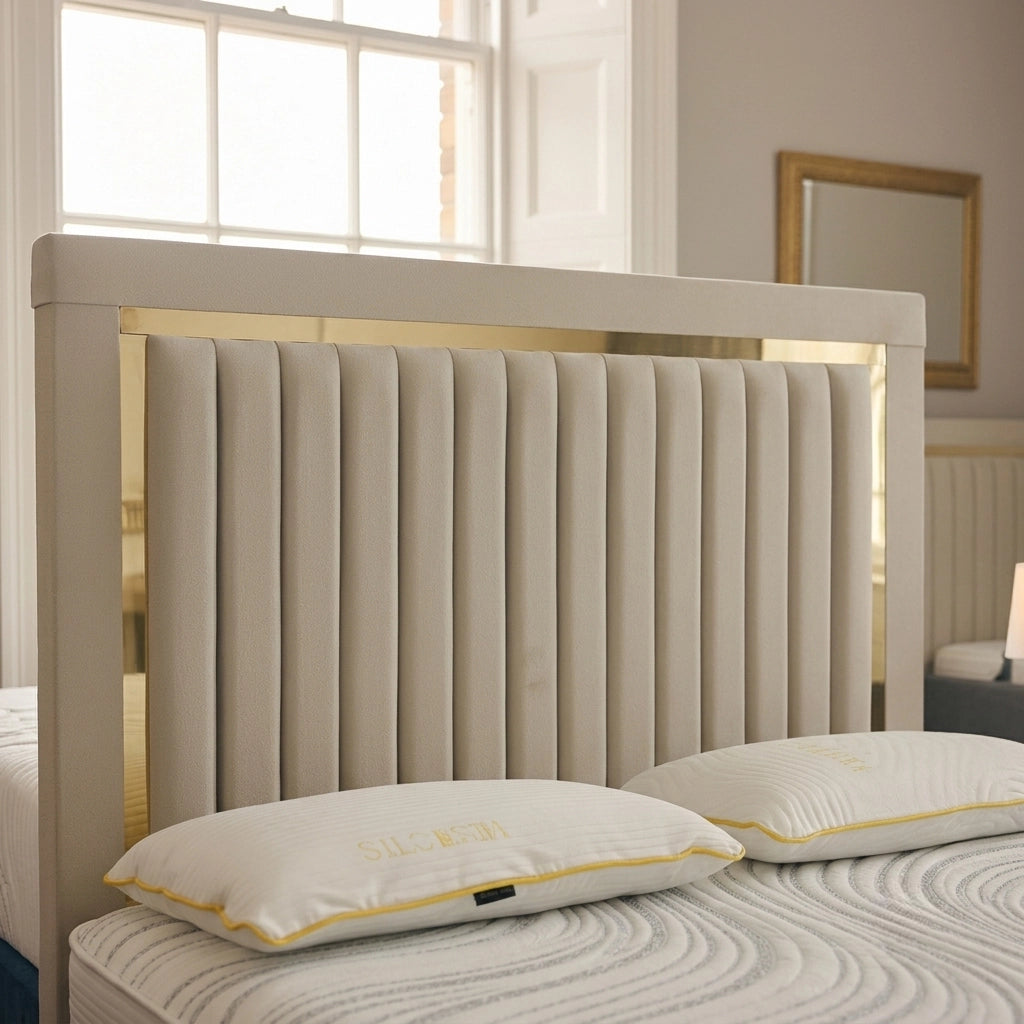 Arlington Iris headboard with gold stripe detail