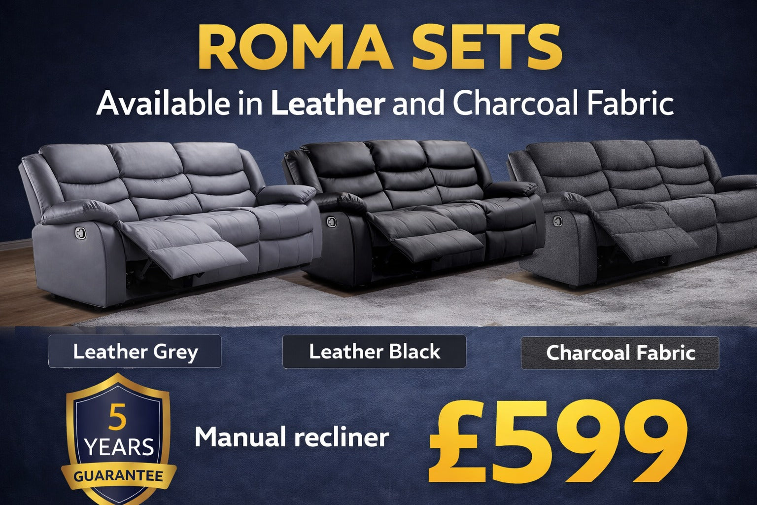 Roma 3+2 Manual Recliner Sofa Set – Leather & Charcoal Fabric | £599