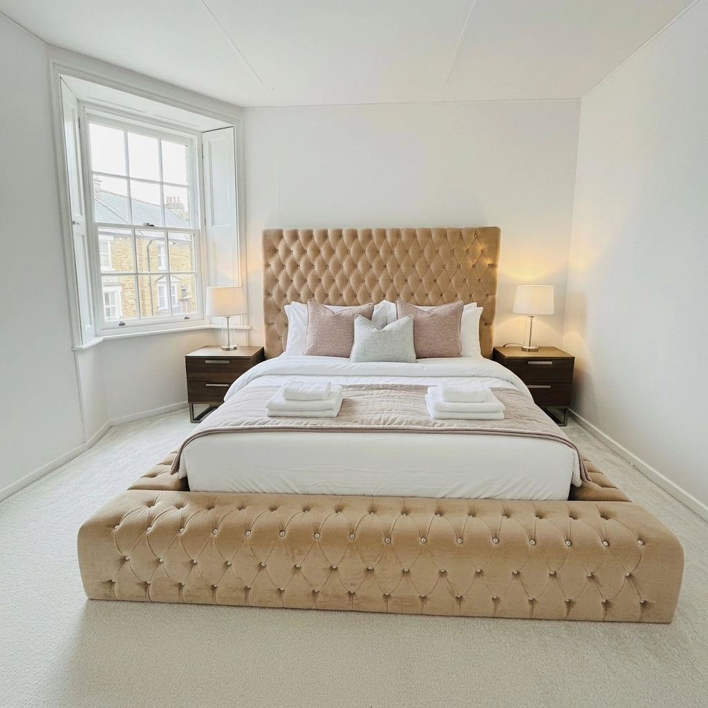 Beige Ambassador upholstered bed frame with 64 inch headboard