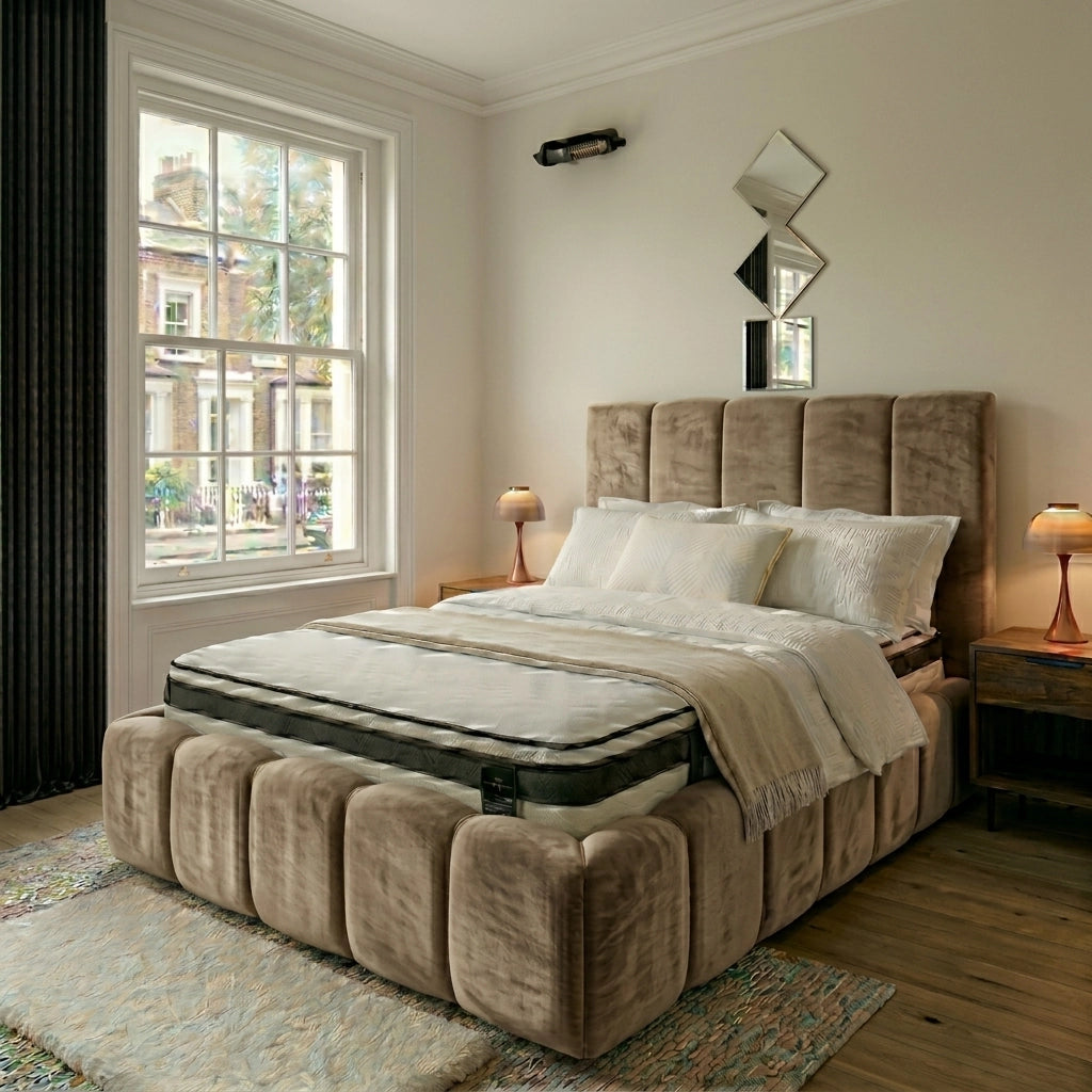 Beige bubble bed frame with matching footboard and side frame