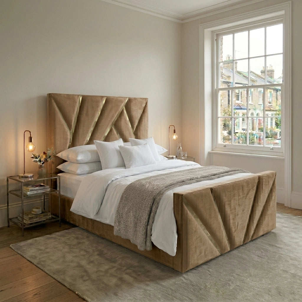 Beige PRISM bed frame with 54 inch fan pattern headboard and footboard