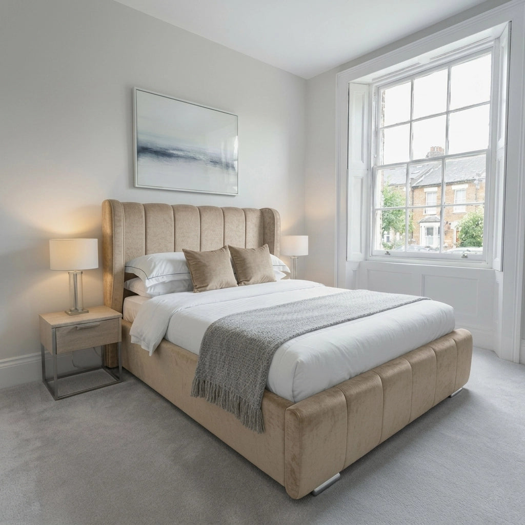 Beige Valencia upholstered bed frame with thick wing headboard
