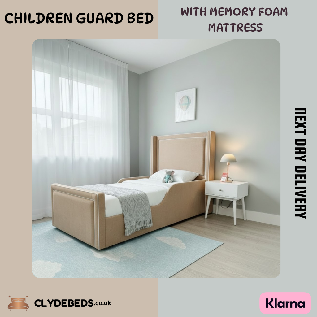 Plush Velvet Children’s Bed with Safety Guard Rail With Memory Foam Mattress | 54" Thick Wing with Pipping Headboard - All Sizes & Colors - Next Day Delivery