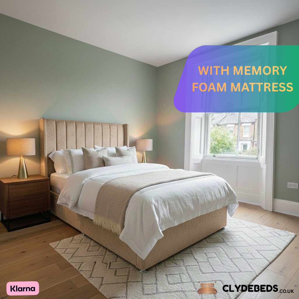 Divan Bed Alpha Wing Line with Memory Foam Mattress - 54" Luxury Winged Headboard, Premium Support & Comfort