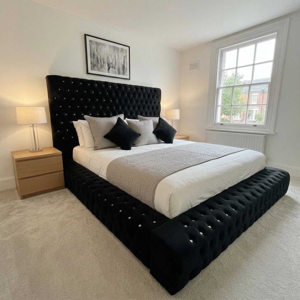 Black Ambassador bed frame with 64 inch full Chesterfield headboard