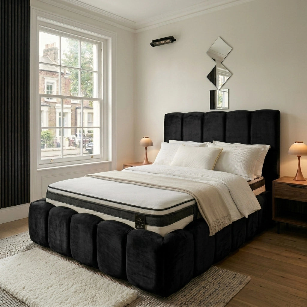 Black bubble bed frame with 54 inch padded headboard