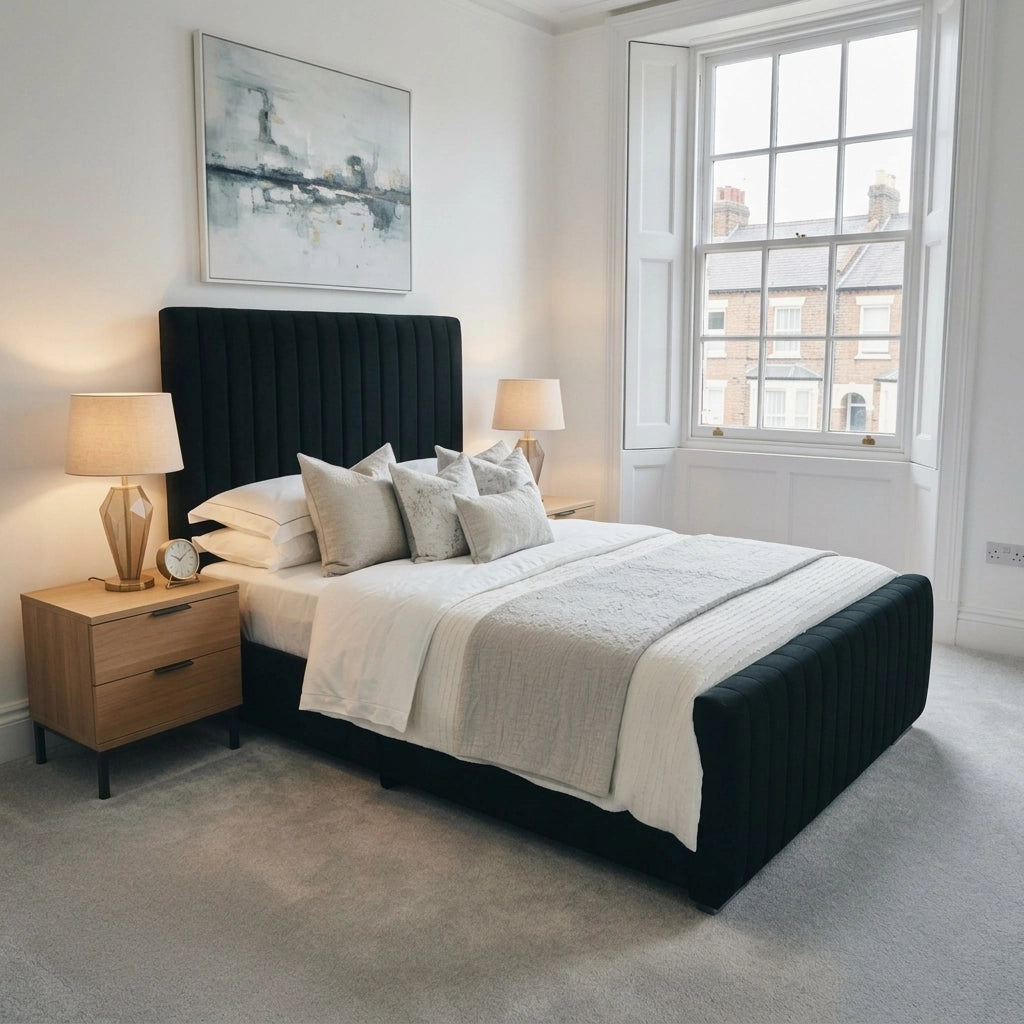 Black extra padding bed frame with Roslin mattress and 54 inch line headboard