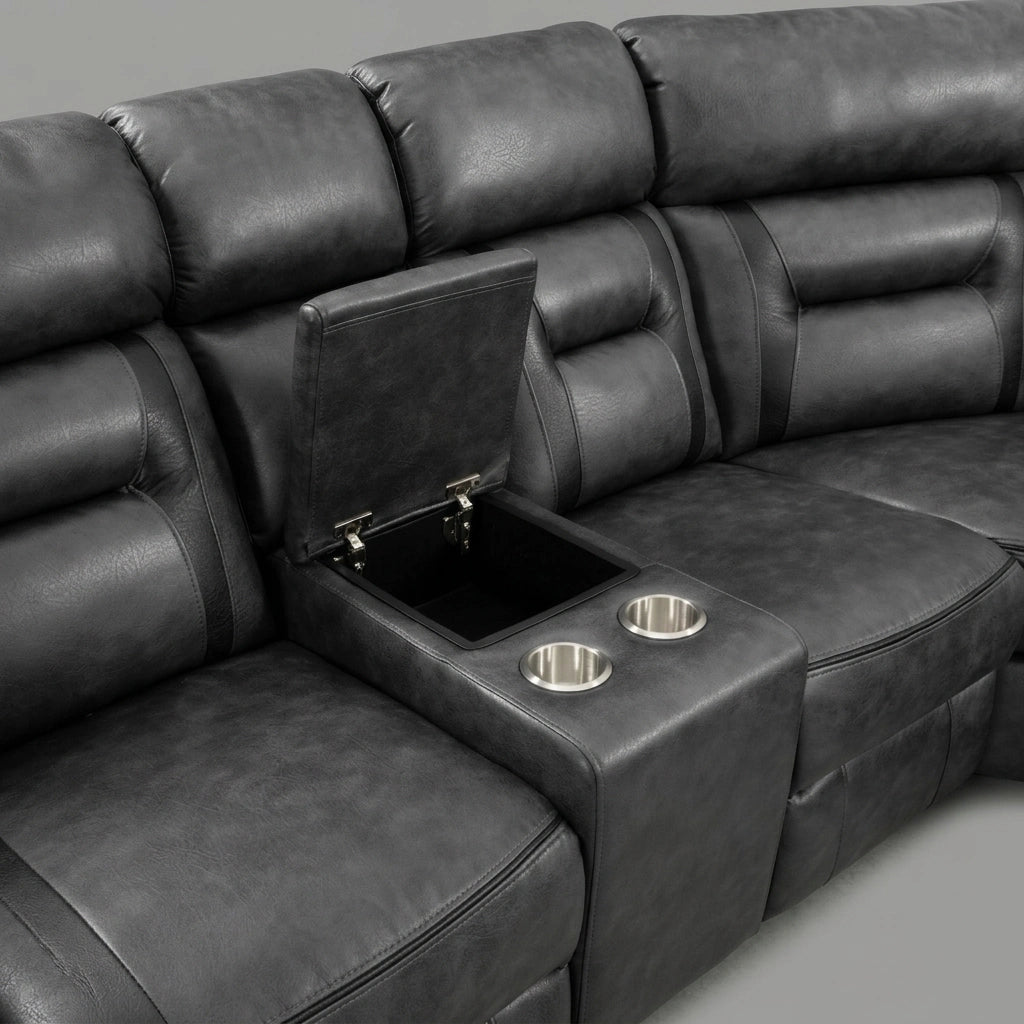 Black leather corner sofa centre console with storage and two cup holders