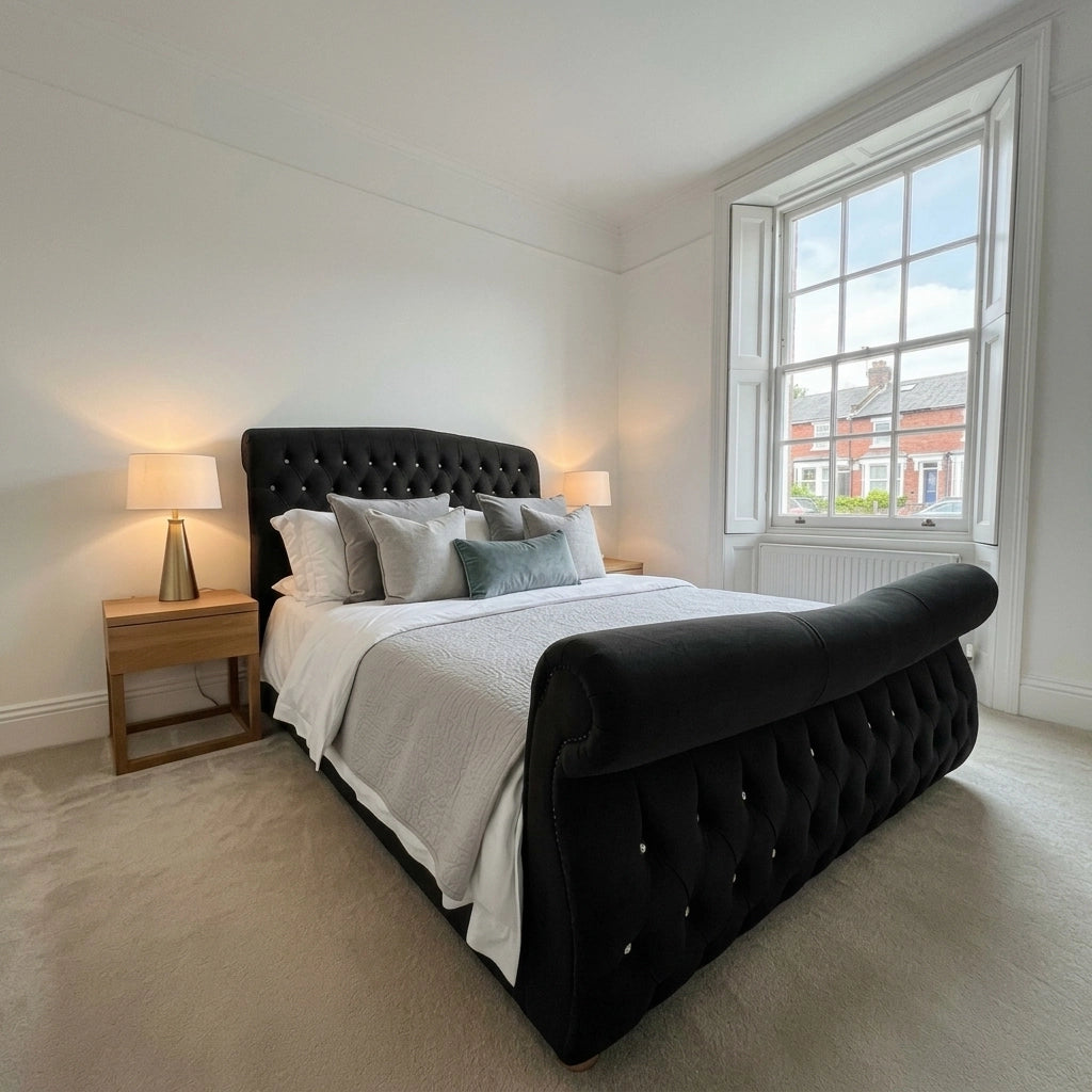 Black sleigh bed frame with plush velvet curved headboard and footboard