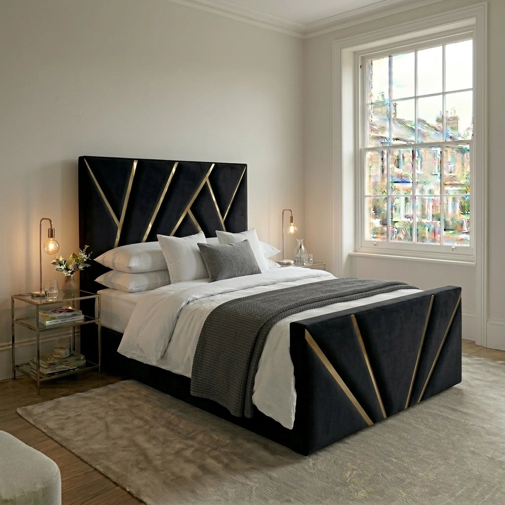 Black PRISM bed frame with gold strip fan pattern headboard and footboard