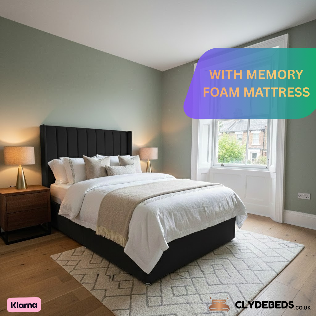 Divan Bed Alpha Wing Line with Memory Foam Mattress - 54" Luxury Winged Headboard, Premium Support & Comfort