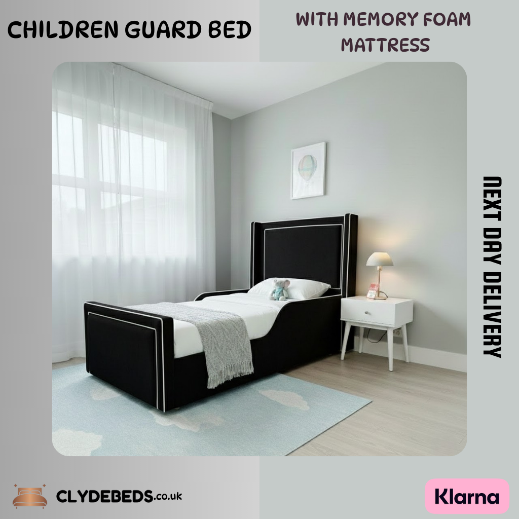 Plush Velvet Children’s Bed with Safety Guard Rail With Memory Foam Mattress | 54" Thick Wing with Pipping Headboard - All Sizes & Colors - Next Day Delivery