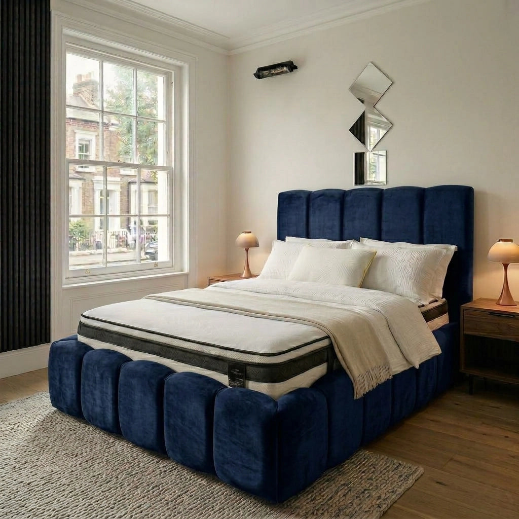 Blue bubble bed frame with matching footboard and upholstered side frame