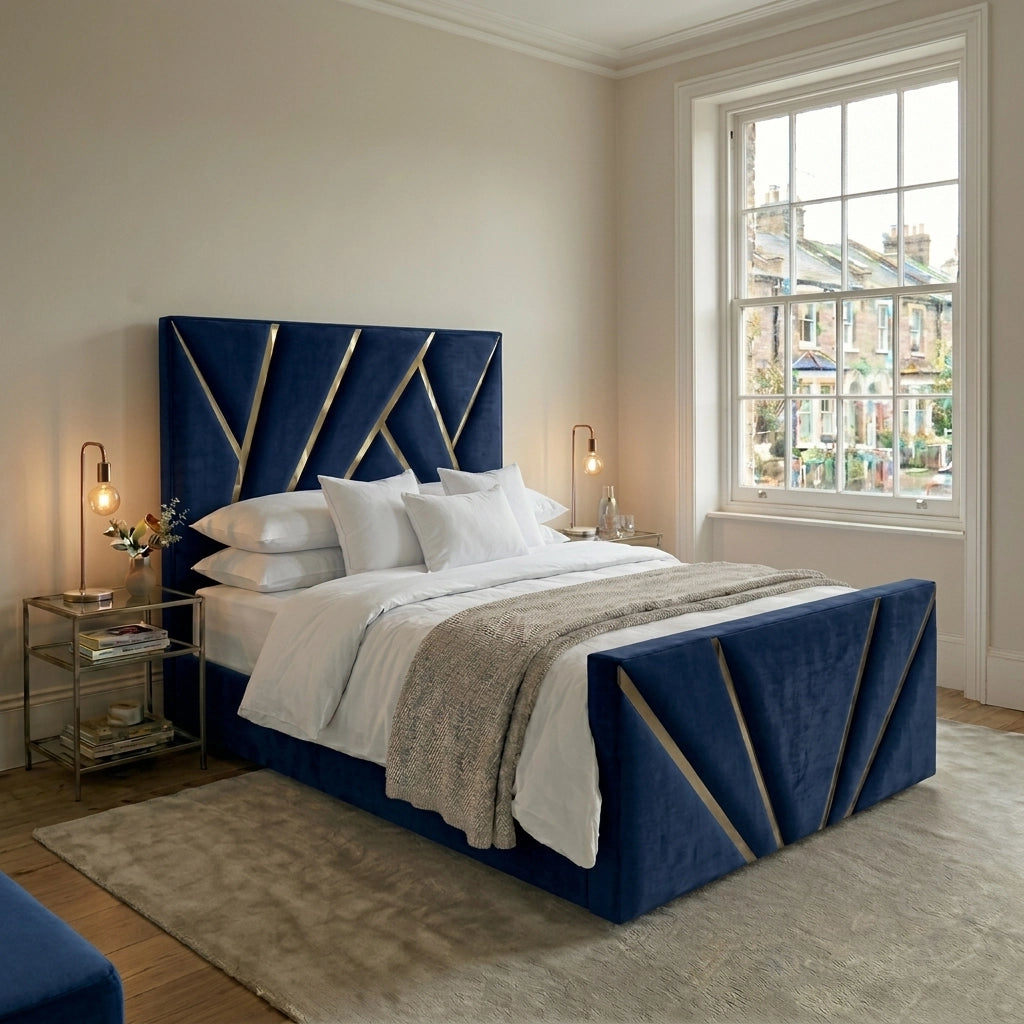 Blue PRISM bed frame with gold strip headboard and matching footboard