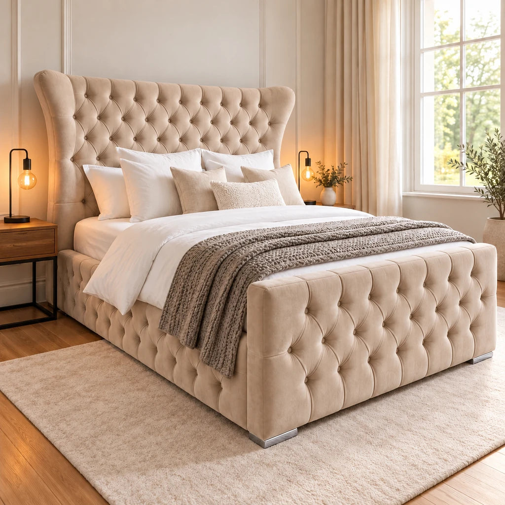 Butterfly bed frame in plush beige